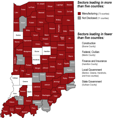 Indiana map showing manufacturing leading in 73 counties. 