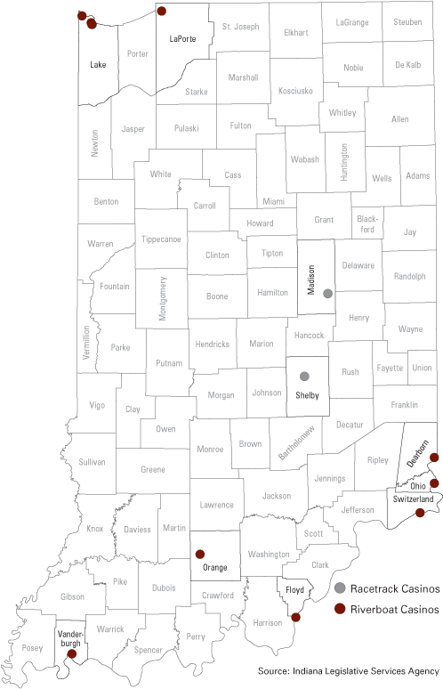 Figure 3: Location of Indiana's Eleven Riverboat and Racetrack Casinos, 2008