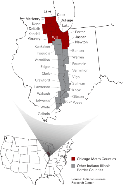 Figure 3: Border Counties between Indiana and Illinois In and Below the Chicago Metro