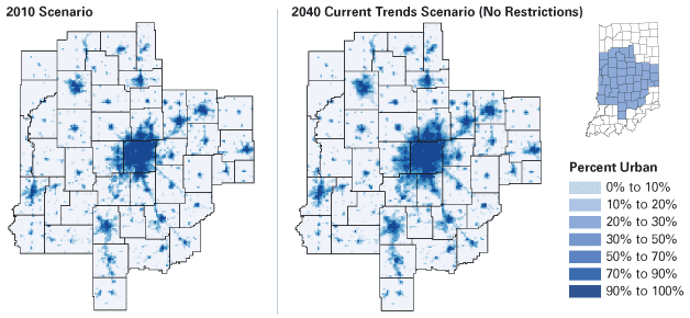 Figure 7: Land Classified as Urban in Central Indiana under Current Trends, 2010 and 2040