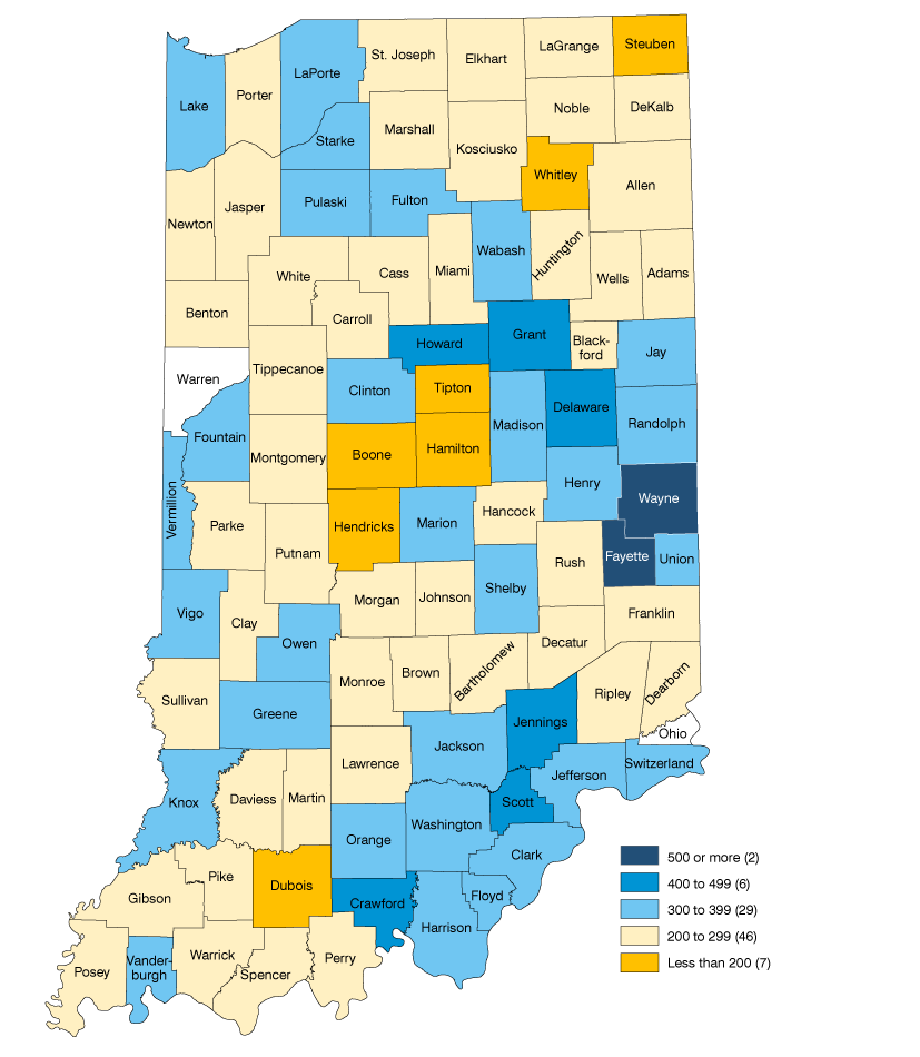 Indiana map. 500+ = 2 counties; 400 to 499 = 6 counties; 300 to 399 = 29 counties; 200 to 299 = 46 counties; Less than 200 = 7 counties.