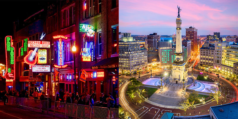 Side by side split of two photos: On the right, downtown Nashville, Tennessee at night showing neon signs for music venues and on the left, an aerial view of the Monument Circle in iNdianapolis in the evening.