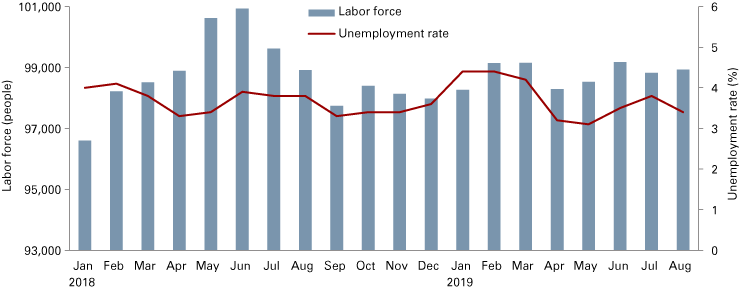 Combination graph from January 2018 to August 2019 showing fluctuations in labor force and the unemployment rate for the region.
