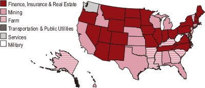 Map. 26 states = finance, insurance & real estate; 14 states = mining; 8 = farm; 1 = transportation & public utilities; Washington = services; West Virginia = military.