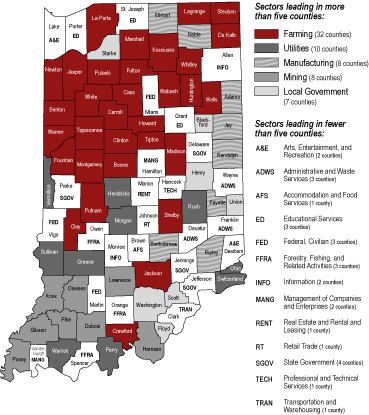 Indiana map showing farming, utilities, manufacturing, mining and local government each led in more than five counties.