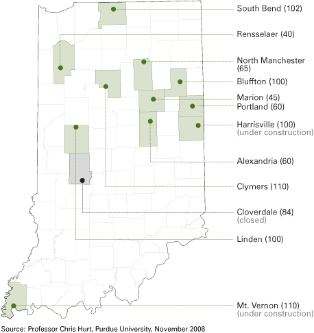 Figure 1: Ethanol Plant Locations and Plant Size in Millions of Gallons of Ethanol per Year