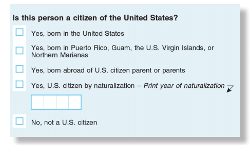 Question: Is this person a citizen of the United States? With options of: Yes, born in the U.S.; Yes, born in Puerto Rico, Guam, the U.S. Virgin Islands, or Northern Marianas; Yes, born abroad of U.S. citizen parent or parents; Yes, U.S. citizen by naturalization (print year); No, not a U.S. citizen