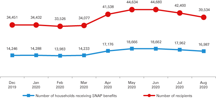 Line graph from Dec. 2019 to Aug. 2020 showing number of households receiving SNAP benefits and the number of recipients