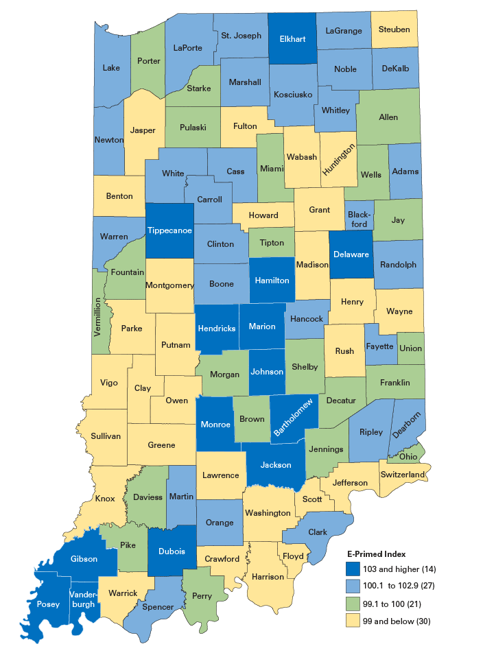 Map: 14 counties = more than 103; 27 counties = 100.1 to 102.9; 21 counties = 99 to 100; 30 counties = less than 99.