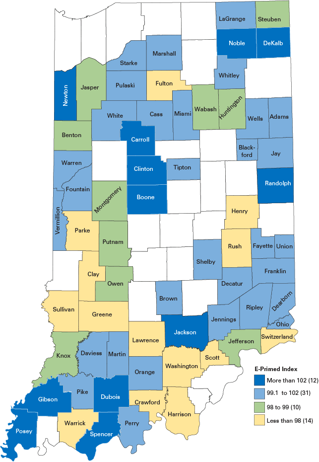 Map: 12 counties = more than 102; 31 counties = 99.1 to 102; 10 counties = 98 to 99; 14 counties = less than 98.