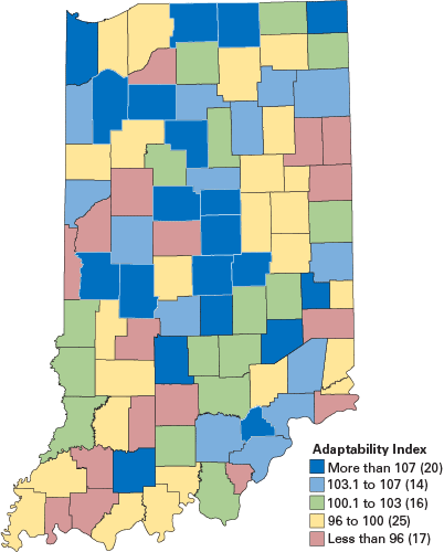 Map: 20 counties = more than 107; 14 counties = 103.1 to 107; 16 counties = 100 to 103; 25 counties = 96 to 100; 17 counties = less than 96.