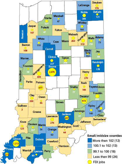 Map with FDI jobs shown as an overlay, ranging from 0 to 2,076: 12 counties = more than 102; 13 counties = 100.1 to 102; 18 counties = 99.1 to 100; 24 counties = 94 to 99.