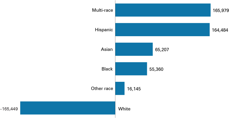Bar chart showing multi-race, Hispanic, Asian, Black and Other race categories increasing, while  white had a -165,449 decline.