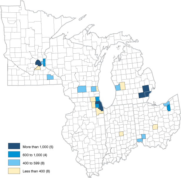 Map of leading counties in Indiana, Illinois, Ohio, Michigan, Minnesota and Wisconsin. More than 1,000 = 5 counties; 600 to 1,000 = 4 counties; 400 to 599 = 8 counties; Less than 400 = 8 counties.