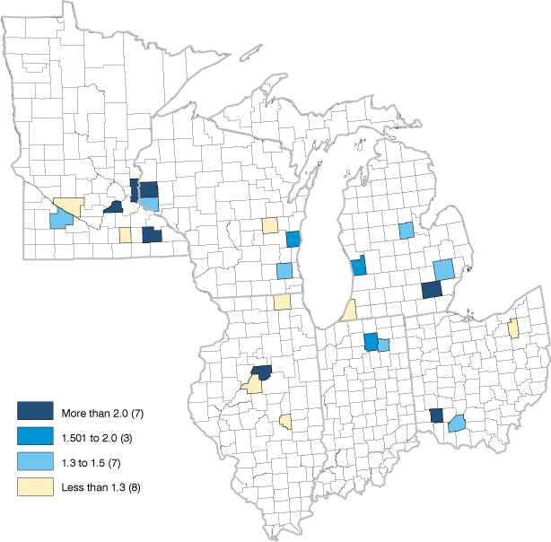 Map of leading counties in Indiana, Illinois, Ohio, Michigan, Minnesota and Wisconsin. More than 2.0 = 7 counties; 1.501 to 2.0 = 3 counties; 1.3 to 1.5 = 7 counties; Less than 1.3 = 8 counties.