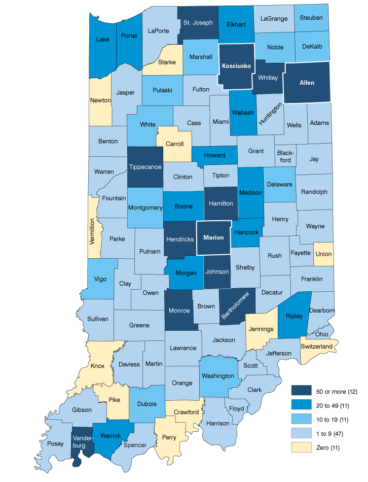 Indiana map. 50 or more = 12 counties; 20 to 49 = 11 counties; 10 to 19 = 11 counties; 1 to 9 = 47 counties; Zero = 11 counties.