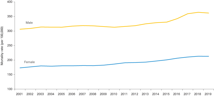 Line graph from 2001 to 2019 showing increases in both male and female mortality rates.