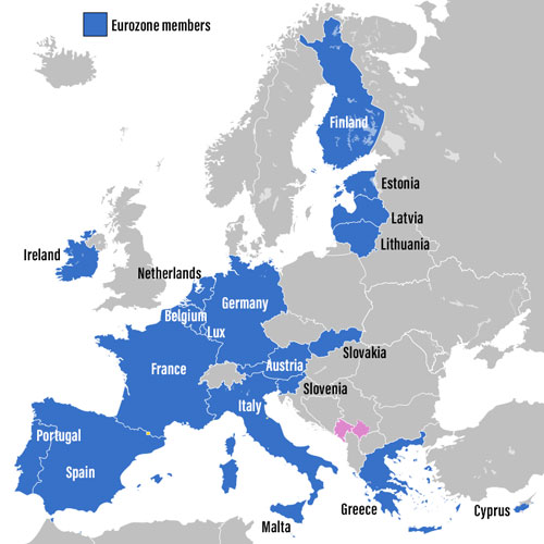 Map showing countries in the Eurozone. Source Wikipedia.