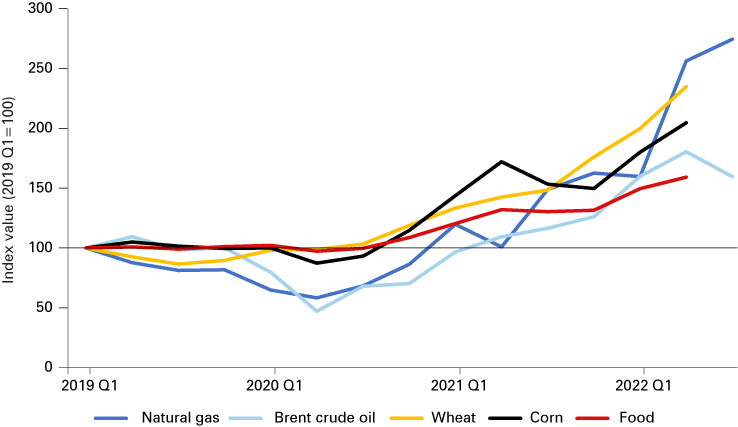Line chart from 2019 Q1 to 2022 Q3, showing prices for natural gas, brent crude oil, wheat, corn and food indexed to 2019 Q1.