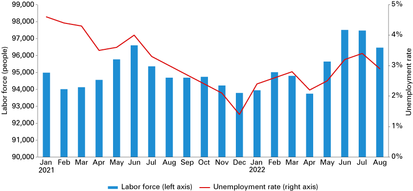 Dual axis combination chart from January 2021 to August 2022, showing labor force on the left axis and unemployment rate on the right axis.