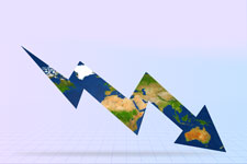 A graphic arrow pointing down with a background cut out of a world map.