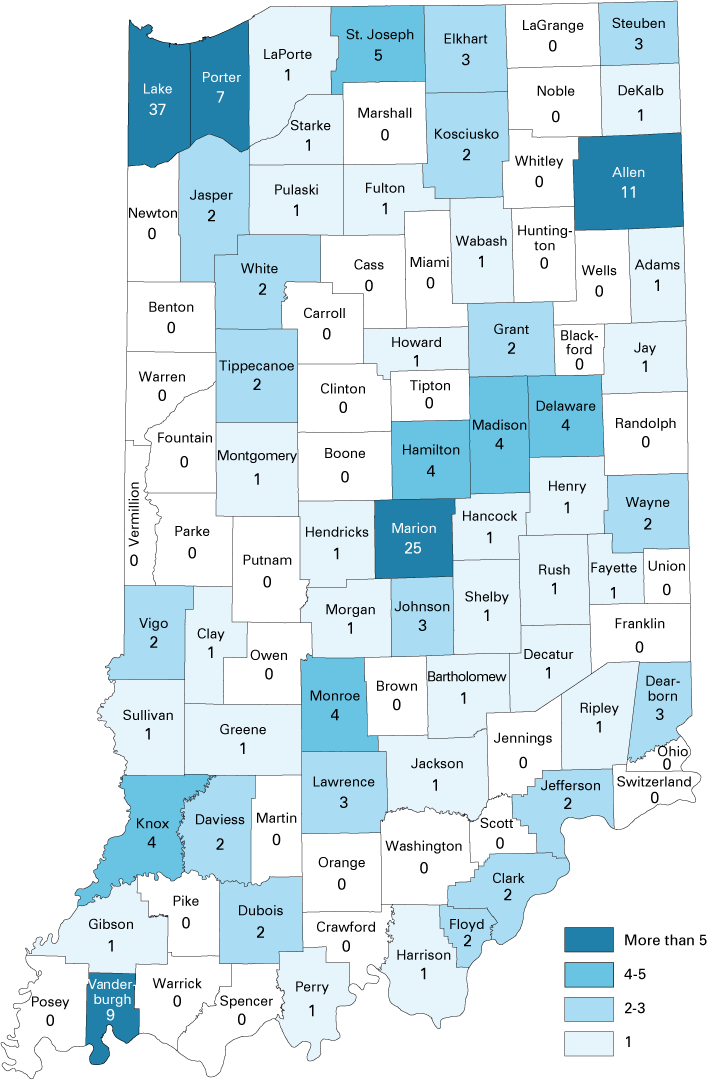 Indiana county map showing home health care businesses listed for each county.