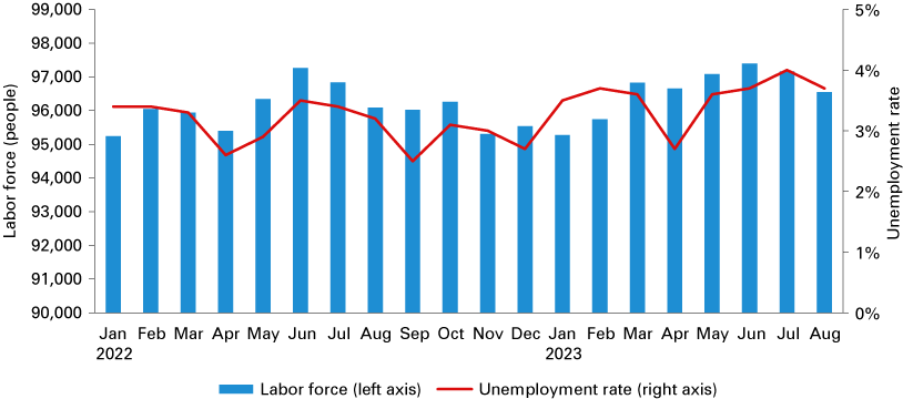 Dual axis combination chart from January 2022 to August 2023 showing labor force on the left axis and unemployment rate on the right axis for the Richmond region.