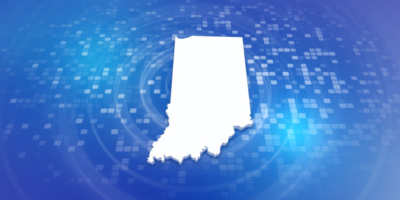 Outline of the state of Indiana on a blue background.